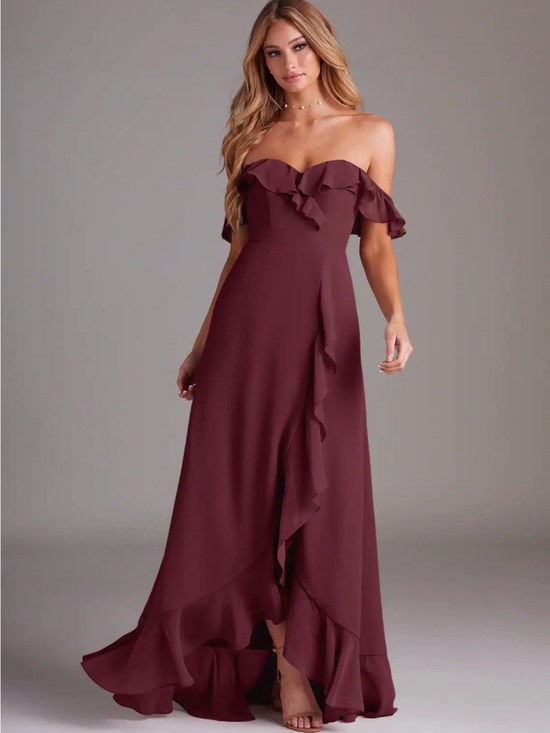 Azazie Dresses & Skirts - Azazie “Lyra” Off-Shoulder Ruffle Maxi Dress in Cabernet